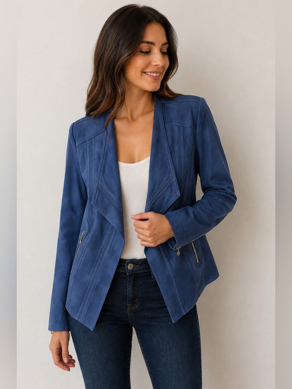 VEX Collection Blue Faux Suede Waterfall Moto Jacket Size 40